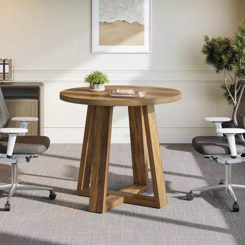 Table de conférence ronde de 31,5 pouces pour 2 à 4 personnes, petite table de réunion en bois avec base robuste pour petits espaces, style rustique fermier