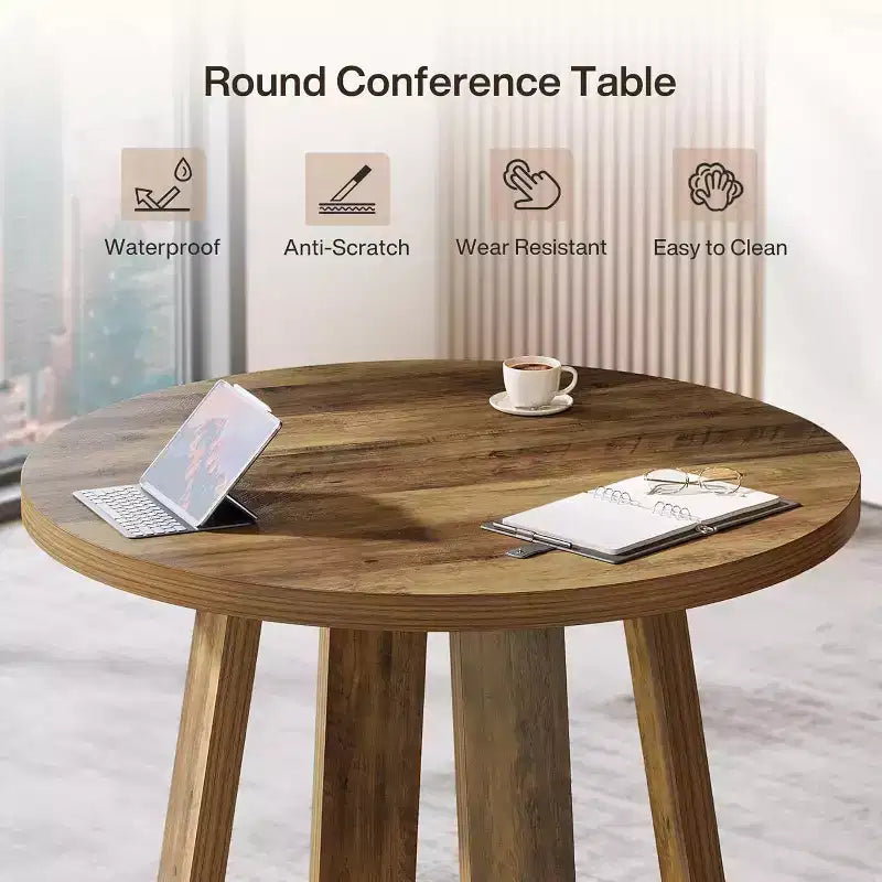 Table de conférence ronde de 31,5 pouces pour 2 à 4 personnes, petite table de réunion en bois avec base robuste pour petits espaces, style rustique fermier