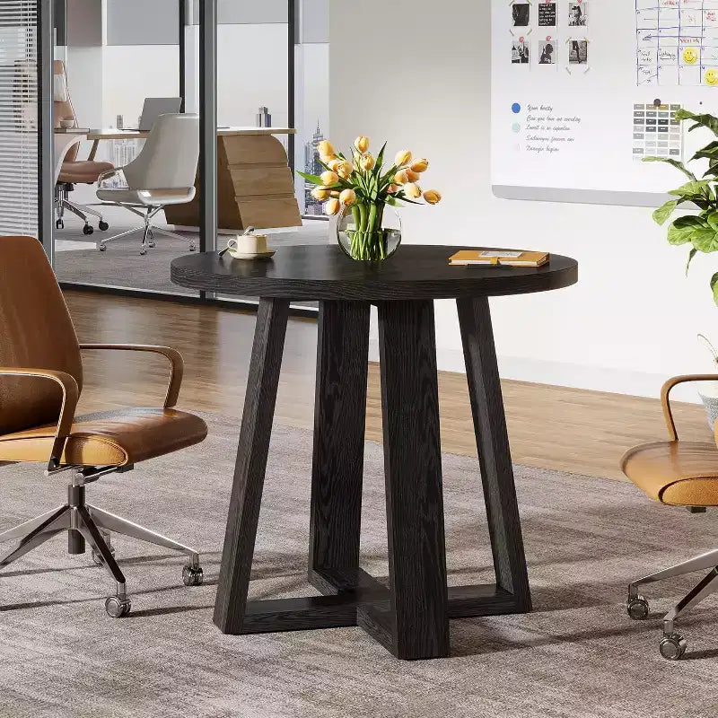 Table de conférence ronde de 31,5 pouces pour 2 à 4 personnes, petite table de réunion en bois avec base robuste pour petits espaces, style rustique fermier