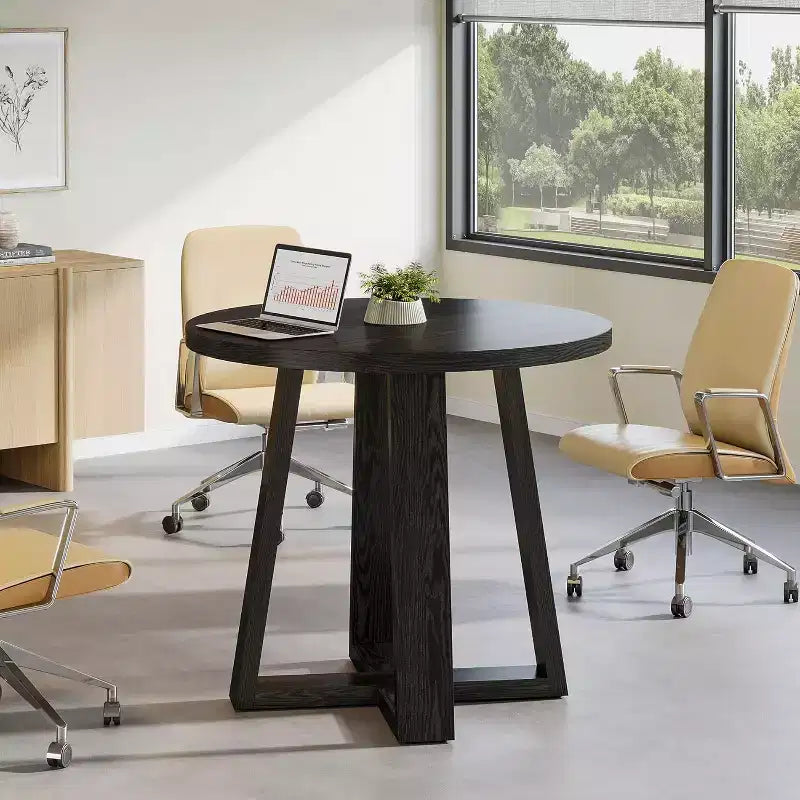 Table de conférence ronde de 31,5 pouces pour 2 à 4 personnes, petite table de réunion en bois avec base robuste pour petits espaces, style rustique fermier
