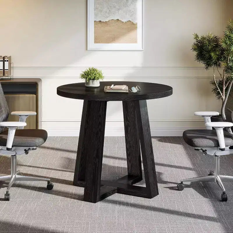 Table de conférence ronde de 31,5 pouces pour 2 à 4 personnes, petite table de réunion en bois avec base robuste pour petits espaces, style rustique fermier