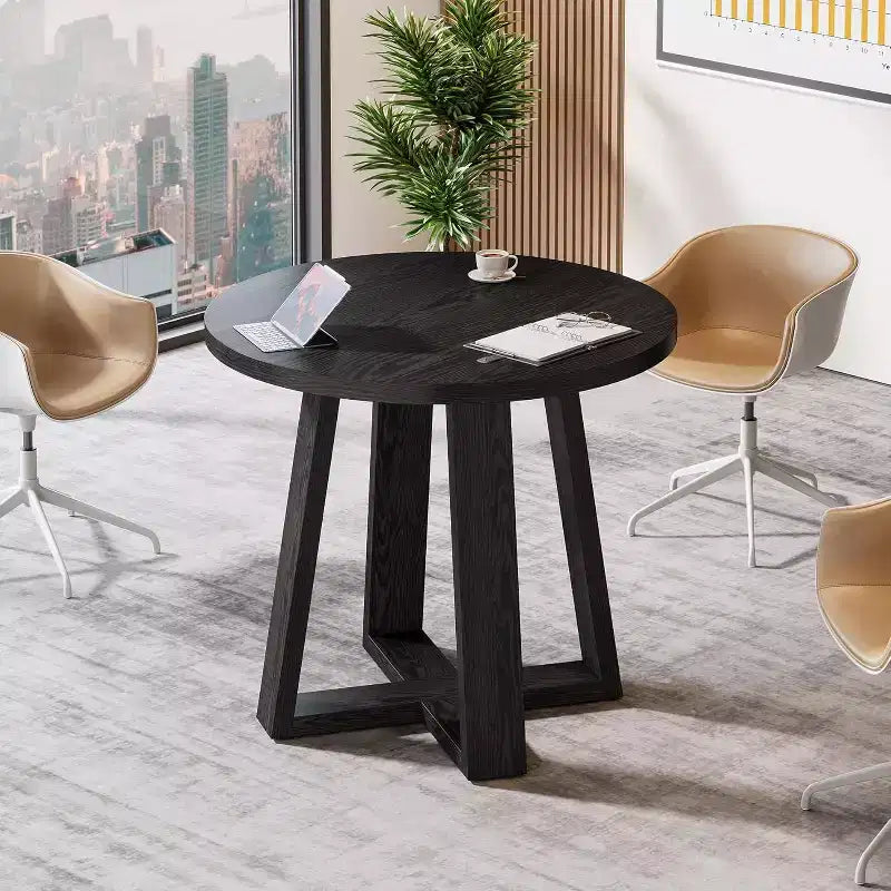 Table de conférence ronde de 31,5 pouces pour 2 à 4 personnes, petite table de réunion en bois avec base robuste pour petits espaces, style rustique fermier