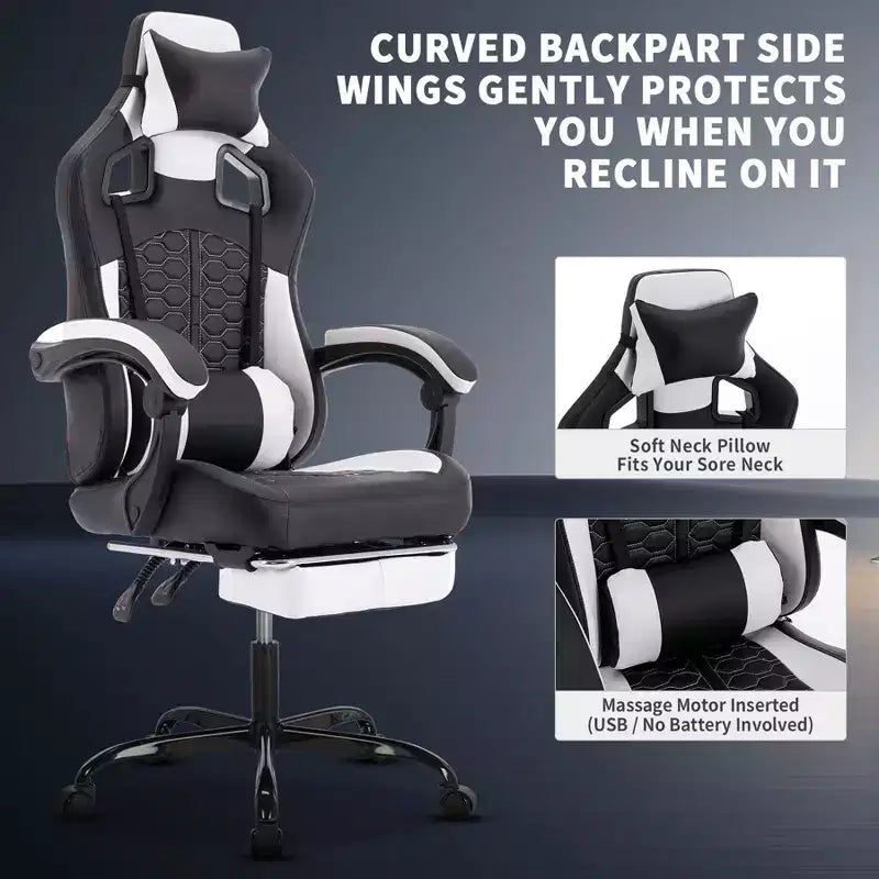 Chaise de Bureau Gaming Pivotante avec Roulettes,Dossier Inclinable,Hauteur d'Assise et Repose-Pieds Réglables,Chaise de Jeu Ergonomique,Charge Max 136kg
