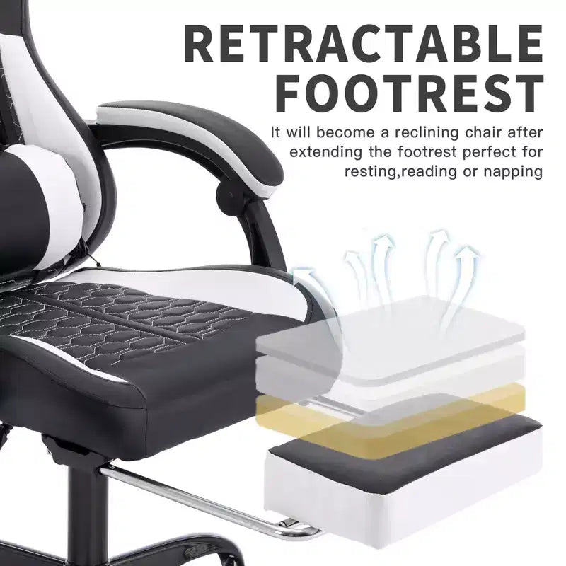Chaise de Bureau Gaming Pivotante avec Roulettes,Dossier Inclinable,Hauteur d'Assise et Repose-Pieds Réglables,Chaise de Jeu Ergonomique,Charge Max 136kg