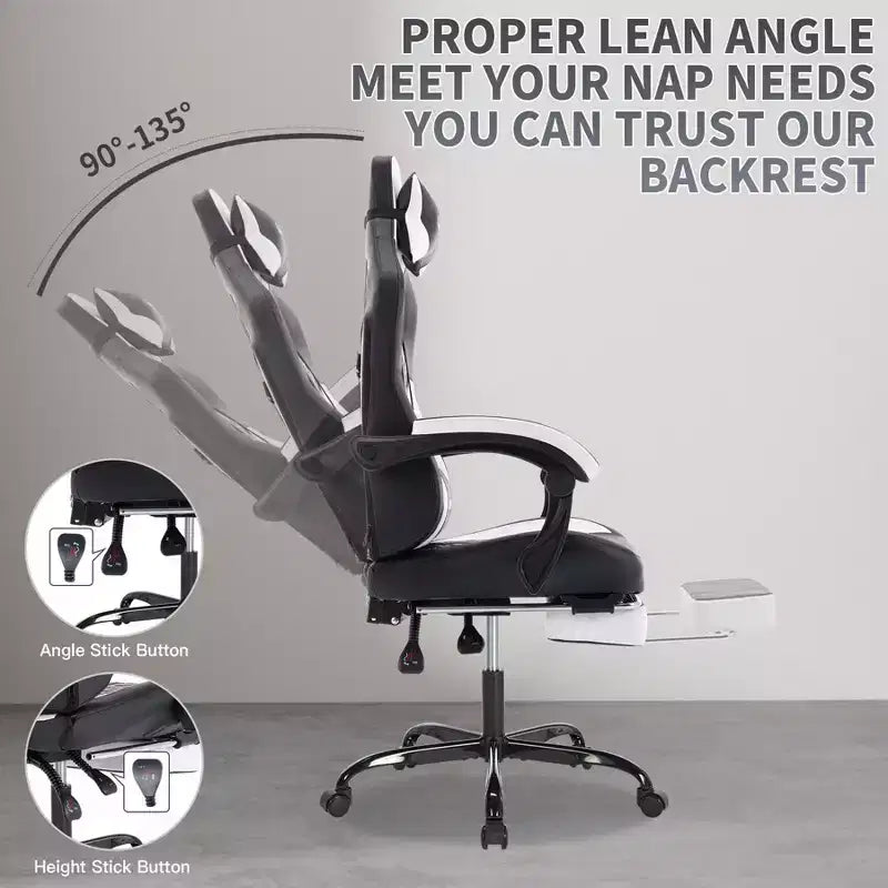 Chaise de Bureau Gaming Pivotante avec Roulettes,Dossier Inclinable,Hauteur d'Assise et Repose-Pieds Réglables,Chaise de Jeu Ergonomique,Charge Max 136kg