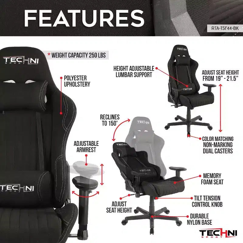 Chaise de Jeu Ergonomique Réglable Fauteuil de Bureau Pivotant à 360° avec Oreillers Tête et Lombaire, Inclinable à 90-150° pour Bureau et Domicile, 113kg Max, Noir