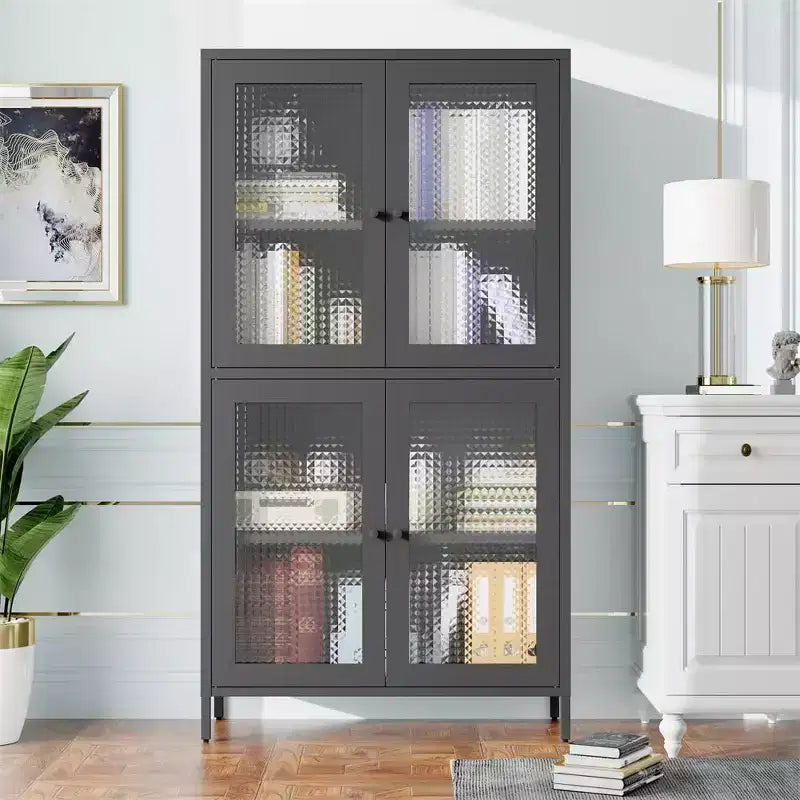 Glass Display Cabinet with Glass Door, 4 Adjustable Shelves, Tall Showcase Cabinet Bookshelf Bookcase for Home Office Pantry