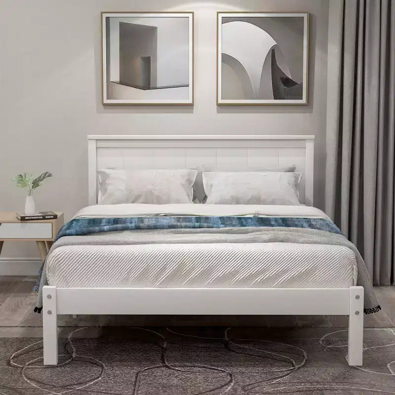 Lit plate-forme double, cadre de lit moderne en pin avec tête de lit, support à lattes en bois, pas besoin de sommier tapissier, pour chambre à coucher