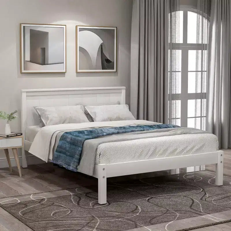 Lit plate-forme double, cadre de lit moderne en pin avec tête de lit, support à lattes en bois, pas besoin de sommier tapissier, pour chambre à coucher