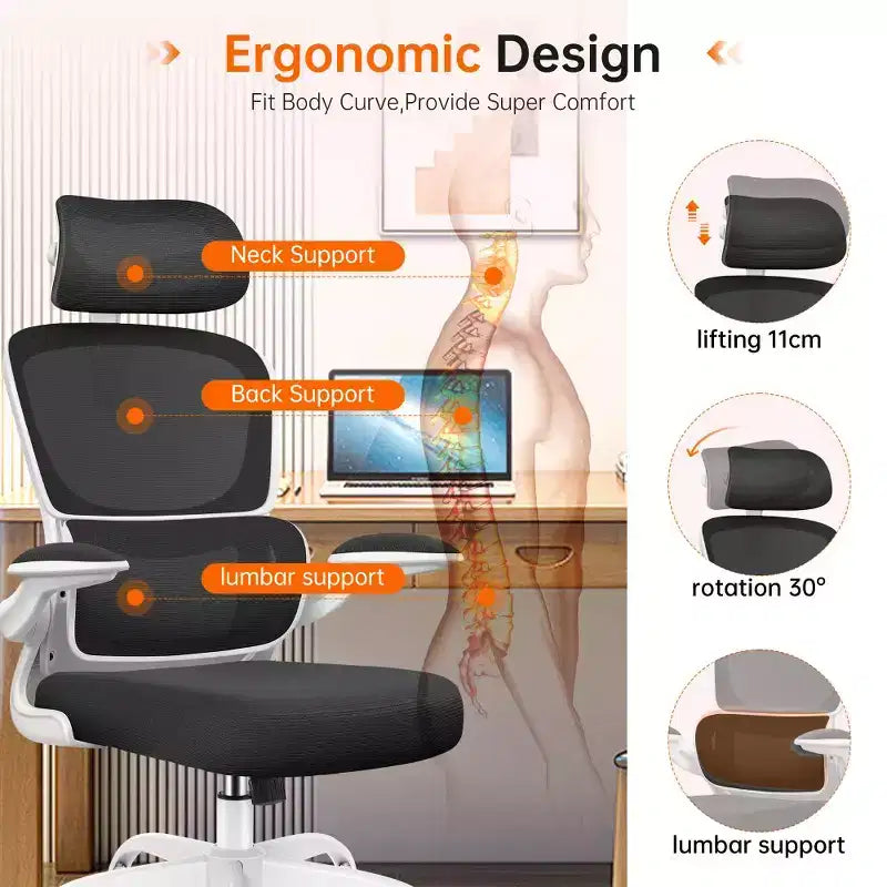Chaise confortable en maille respirante avec support lombaire, accoudoirs relevables, chaise de jeu pour bureau à domicile