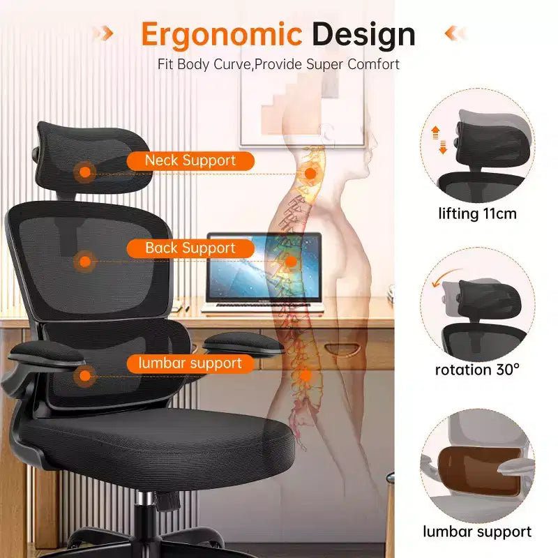 Chaise confortable en maille respirante avec support lombaire, accoudoirs relevables, chaise de jeu pour bureau à domicile