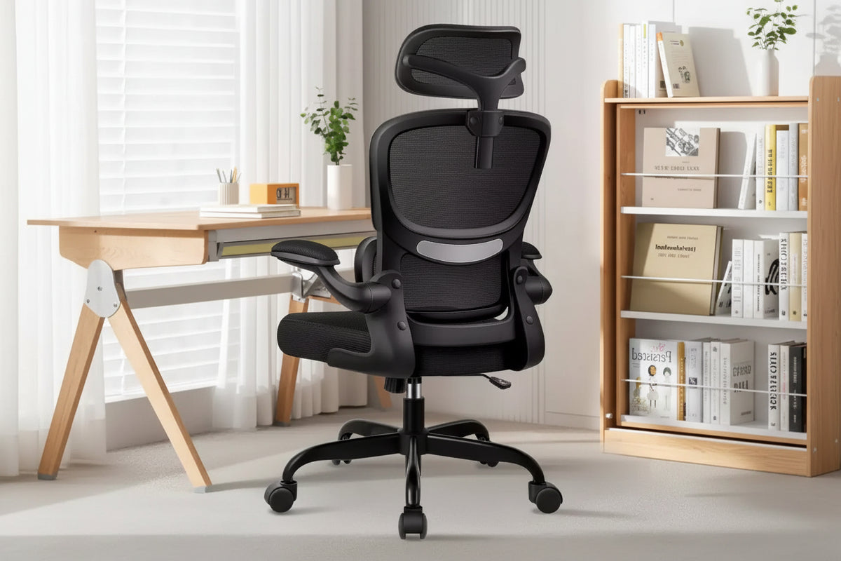 KERDOM Breathable Mesh Comfy Chair with Lumbar Support, with Flip-up Armrests, Gaming Chair for Home Office