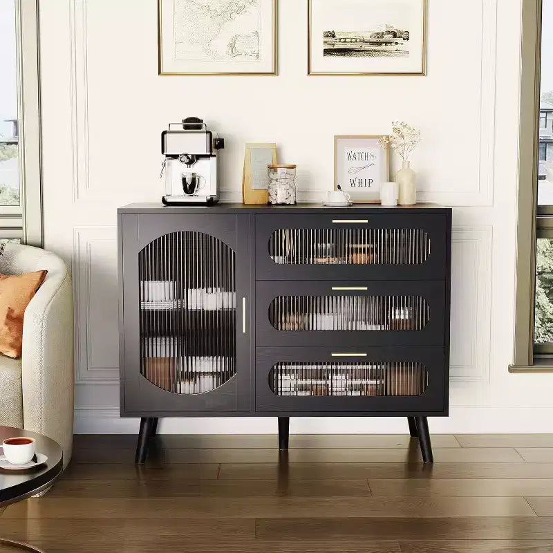 Modern Sideboard Cabinet with 3 Spacious Drawers & Fluted Glass Doors for Dining Room, Kitchen, or Living Room Storage, Sleek Furniture Organizer