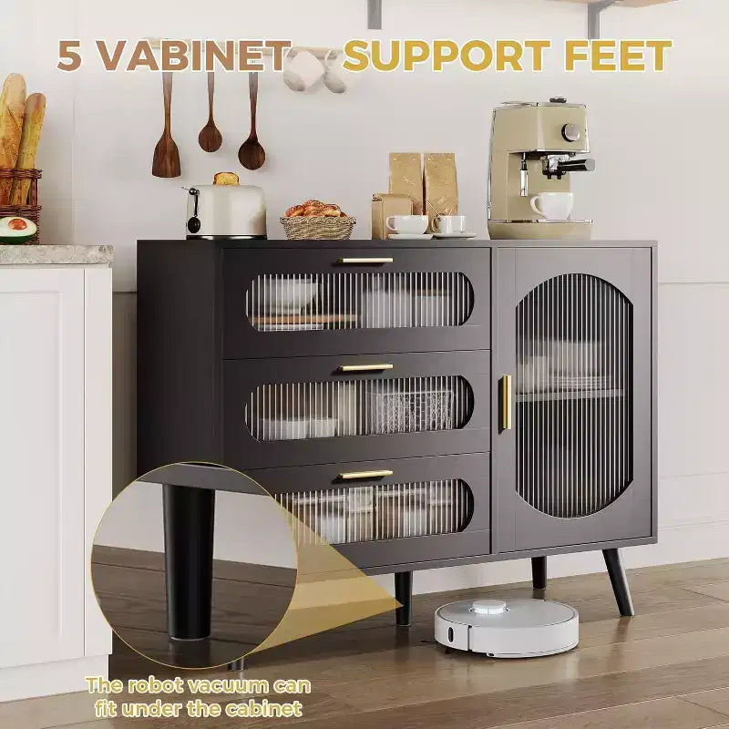 Bahut moderne avec 3 tiroirs spacieux et portes en verre cannelé pour salle à manger, cuisine ou salon, meuble de rangement élégant
