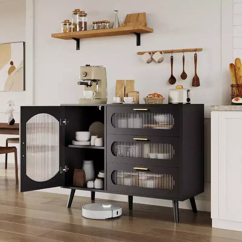 Bahut moderne avec 3 tiroirs spacieux et portes en verre cannelé pour salle à manger, cuisine ou salon, meuble de rangement élégant