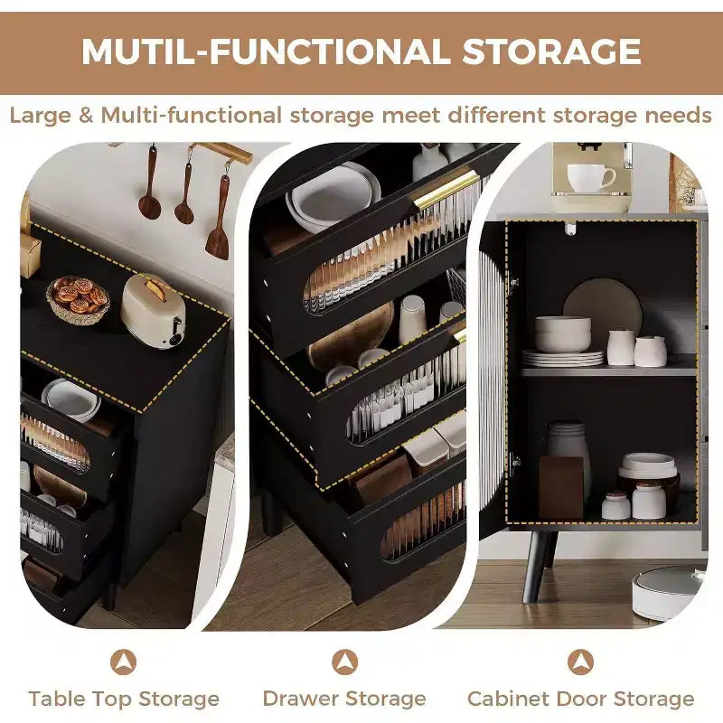Bahut moderne avec 3 tiroirs spacieux et portes en verre cannelé pour salle à manger, cuisine ou salon, meuble de rangement élégant