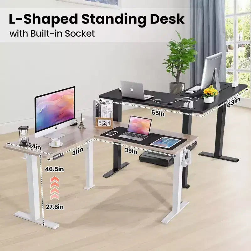 Bureau d'angle debout électrique en L de 63 x 55 avec prises, tapis de souris et crochet, poste de travail informatique réglable en hauteur pour bureau à domicile et jeux
