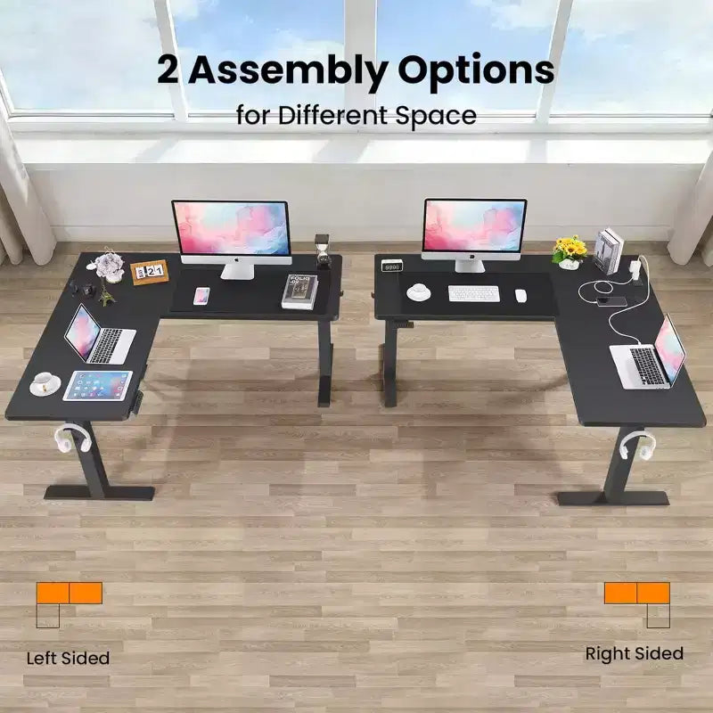 Bureau d'angle debout électrique en L de 63 x 55 avec prises, tapis de souris et crochet, poste de travail informatique réglable en hauteur pour bureau à domicile et jeux