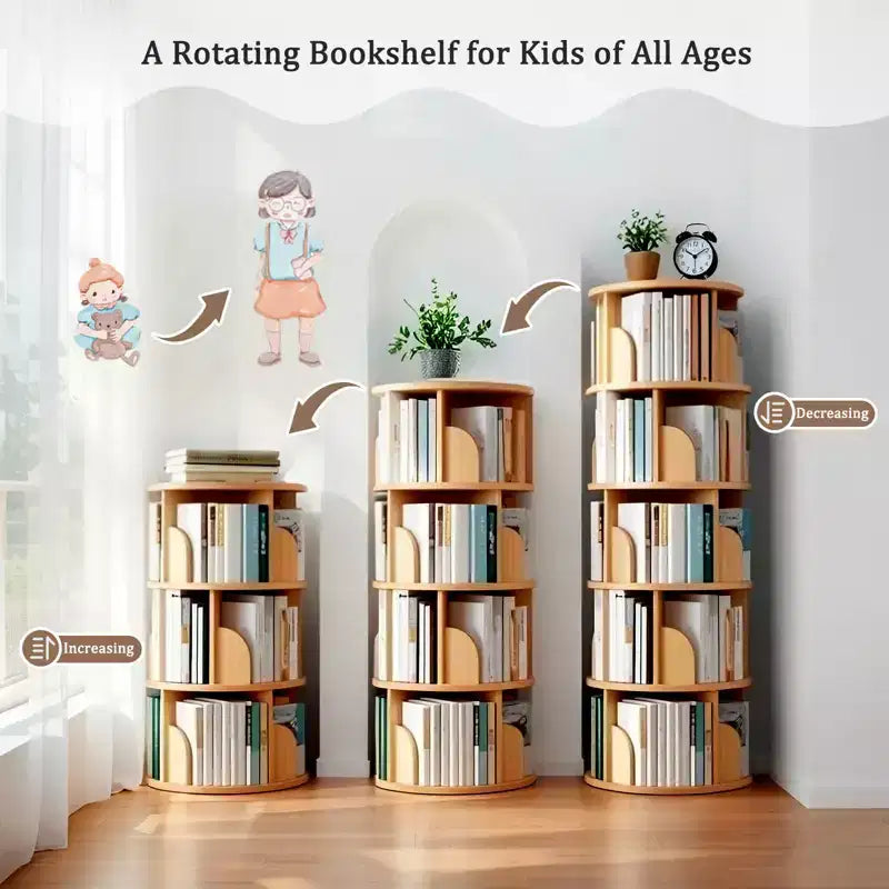 Étagère rotative à 360° à 5 niveaux, structure robuste en MDF, étagères ouvertes faciles d'accès, peut contenir des livres/magazines/objets de décoration, pour chambre/salon/maison/bureau