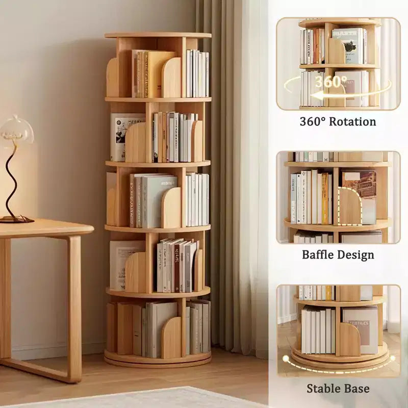Étagère rotative à 360° à 5 niveaux, structure robuste en MDF, étagères ouvertes faciles d'accès, peut contenir des livres/magazines/objets de décoration, pour chambre/salon/maison/bureau