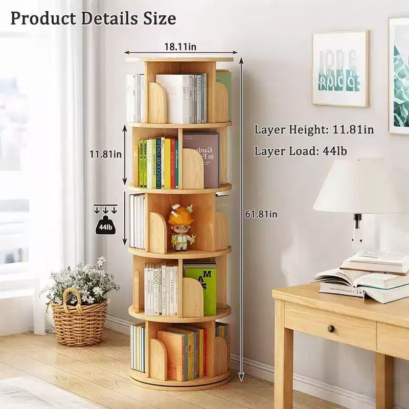 Étagère rotative à 360° à 5 niveaux, structure robuste en MDF, étagères ouvertes faciles d'accès, peut contenir des livres/magazines/objets de décoration, pour chambre/salon/maison/bureau