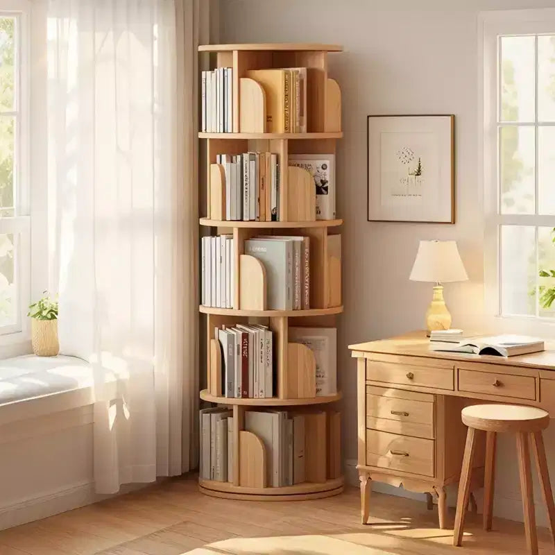 Étagère rotative à 360° à 5 niveaux, structure robuste en MDF, étagères ouvertes faciles d'accès, peut contenir des livres/magazines/objets de décoration, pour chambre/salon/maison/bureau