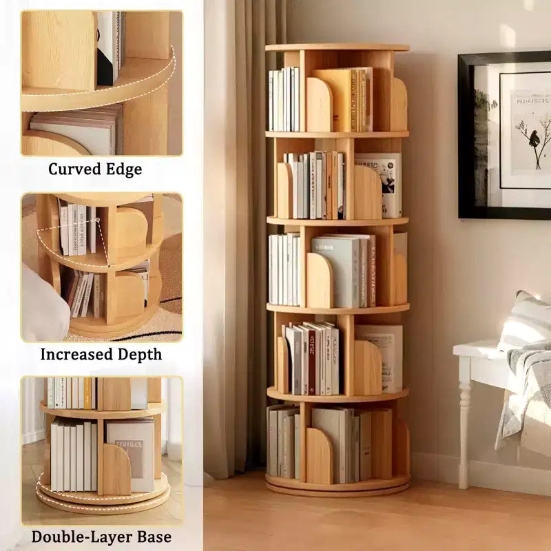Étagère rotative à 360° à 5 niveaux, structure robuste en MDF, étagères ouvertes faciles d'accès, peut contenir des livres/magazines/objets de décoration, pour chambre/salon/maison/bureau