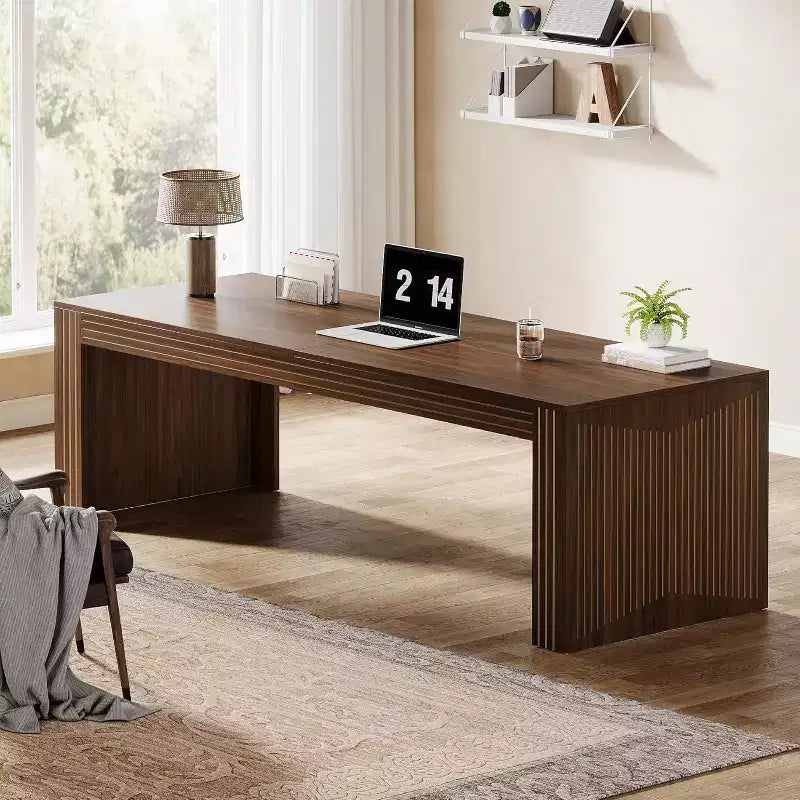 Bureau extra long de 79 pouces, bureau double pour deux personnes pour le bureau à domicile, longue table d'écriture d'ordinateur en bois, marron foncé