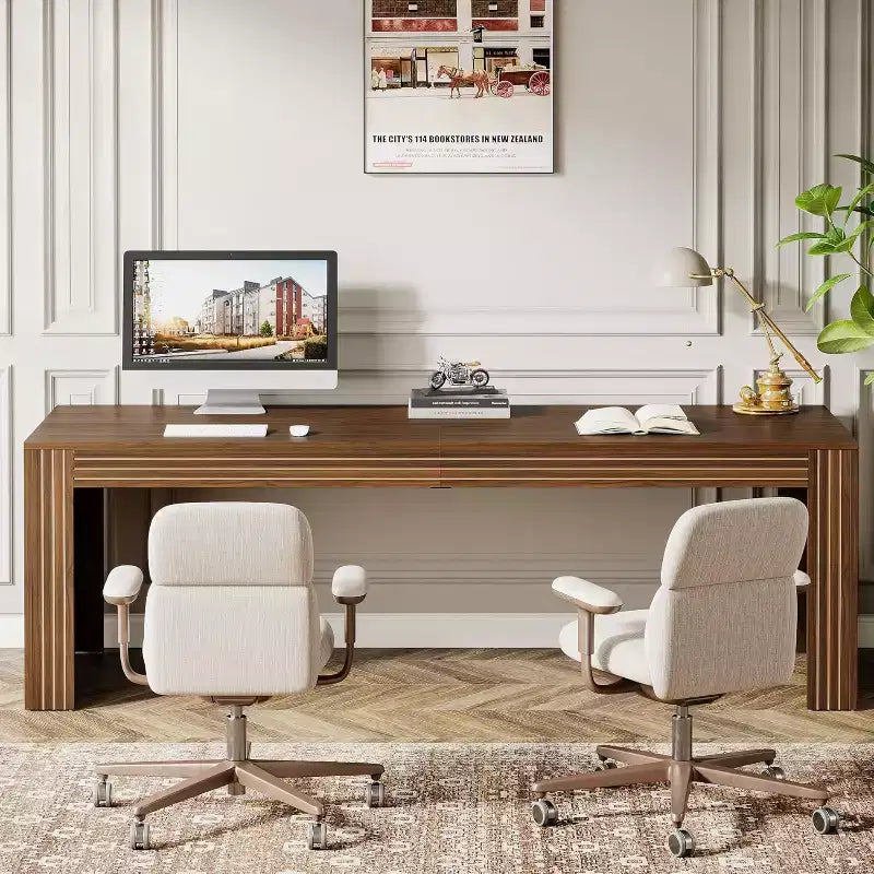 Bureau extra long de 79 pouces, bureau double pour deux personnes pour le bureau à domicile, longue table d'écriture d'ordinateur en bois, marron foncé