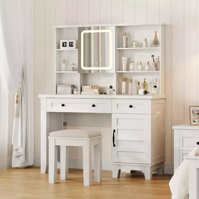 Coiffeuse avec miroir et 3 modes d'éclairage - Table de maquillage en bois avec plateau en verre, prise électrique et 2 tiroirs pour chambre à coucher