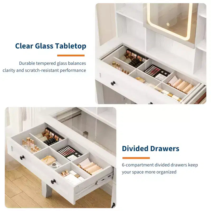 Coiffeuse avec miroir et 3 modes d'éclairage - Table de maquillage en bois avec plateau en verre, prise électrique et 2 tiroirs pour chambre à coucher