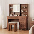 Coiffeuse avec miroir et 3 modes d'éclairage - Table de maquillage en bois avec plateau en verre, prise électrique et 2 tiroirs pour chambre à coucher