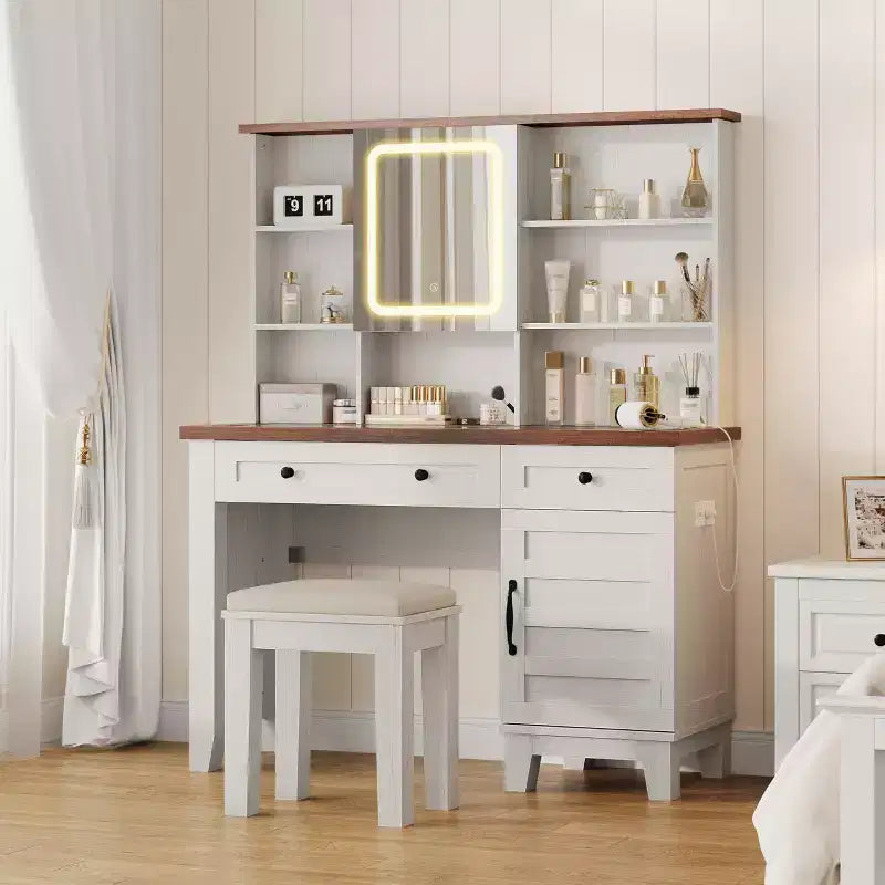 Coiffeuse avec miroir et 3 modes d'éclairage - Table de maquillage en bois avec plateau en verre, prise électrique et 2 tiroirs pour chambre à coucher