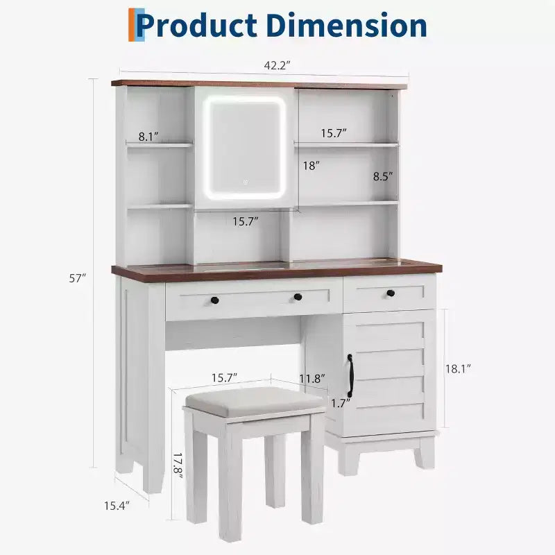 Coiffeuse avec miroir et 3 modes d'éclairage - Table de maquillage en bois avec plateau en verre, prise électrique et 2 tiroirs pour chambre à coucher