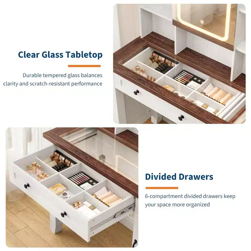 Coiffeuse avec miroir et 3 modes d'éclairage - Table de maquillage en bois avec plateau en verre, prise électrique et 2 tiroirs pour chambre à coucher