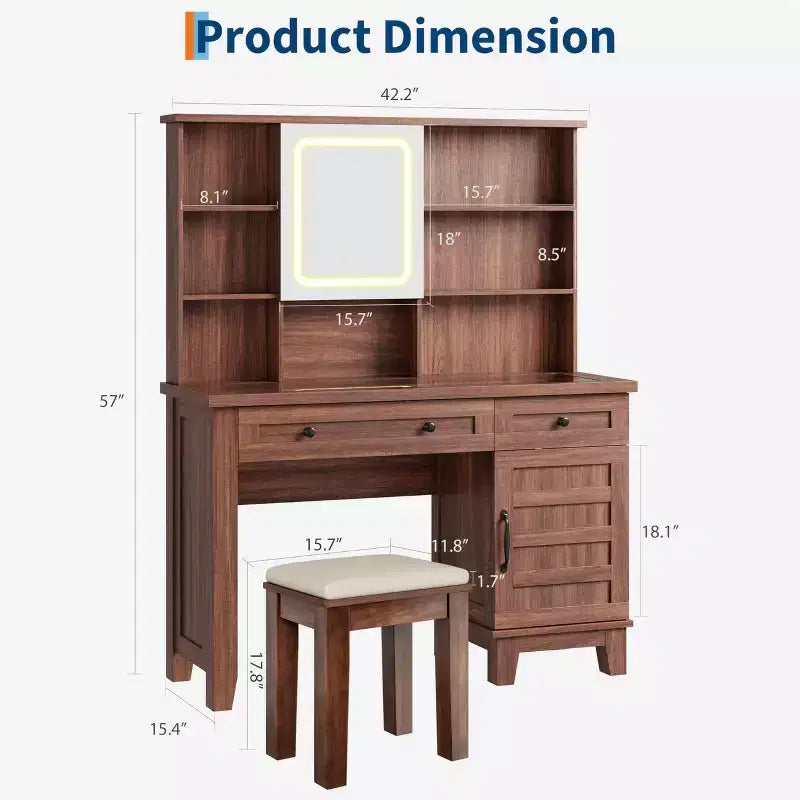Coiffeuse avec miroir et 3 modes d'éclairage - Table de maquillage en bois avec plateau en verre, prise électrique et 2 tiroirs pour chambre à coucher