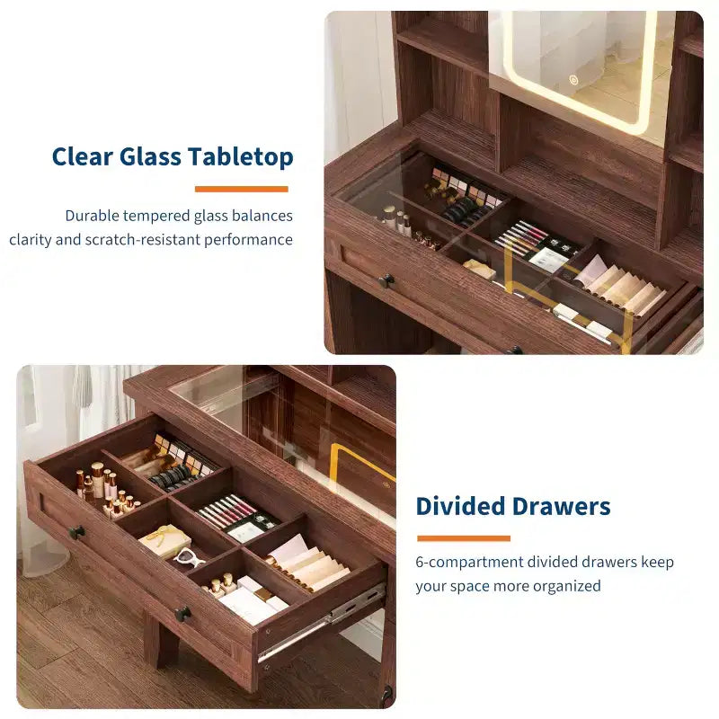 Coiffeuse avec miroir et 3 modes d'éclairage - Table de maquillage en bois avec plateau en verre, prise électrique et 2 tiroirs pour chambre à coucher