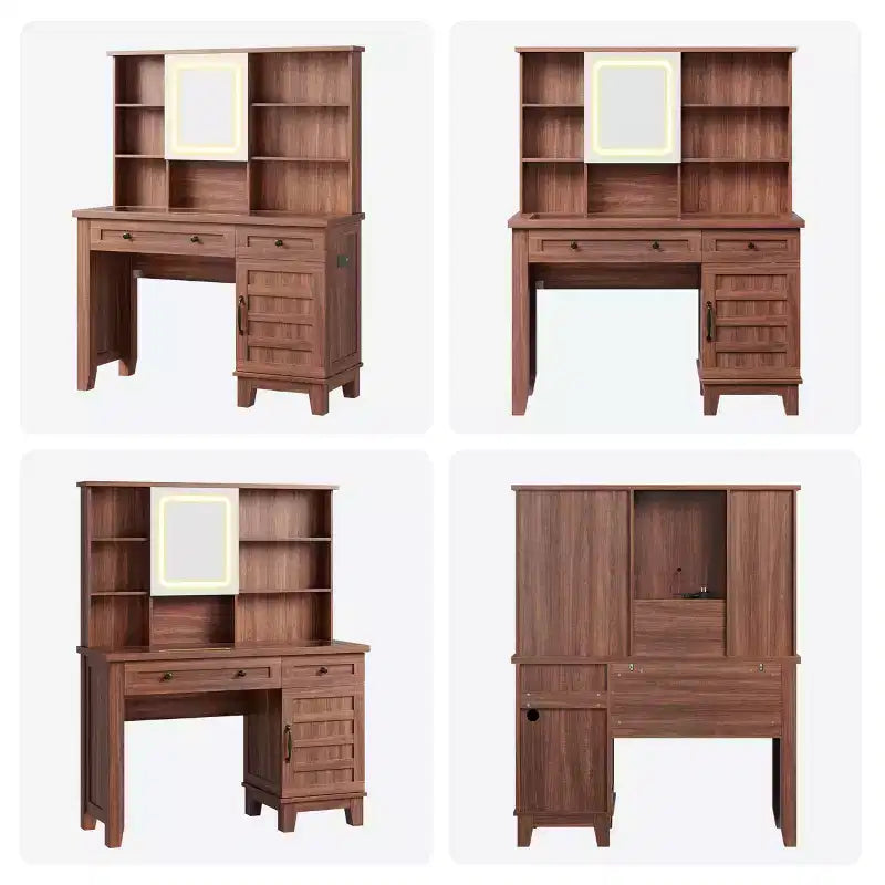 Coiffeuse avec miroir et 3 modes d'éclairage - Table de maquillage en bois avec plateau en verre, prise électrique et 2 tiroirs pour chambre à coucher