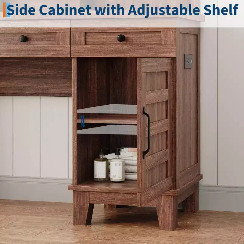 Coiffeuse avec miroir et 3 modes d'éclairage - Table de maquillage en bois avec plateau en verre, prise électrique et 2 tiroirs pour chambre à coucher