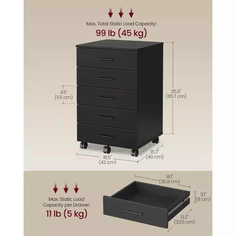 Classeur, meuble de rangement mobile à roulettes, support d'imprimante avec 5 tiroirs, rails coulissants sans outil
