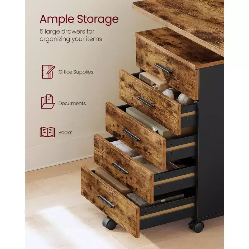 Classeur, meuble de rangement mobile à roulettes, support d'imprimante avec 5 tiroirs, rails coulissants sans outil