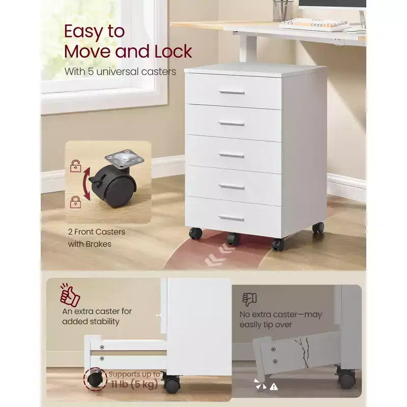 Classeur, meuble de rangement mobile à roulettes, support d'imprimante avec 5 tiroirs, rails coulissants sans outil