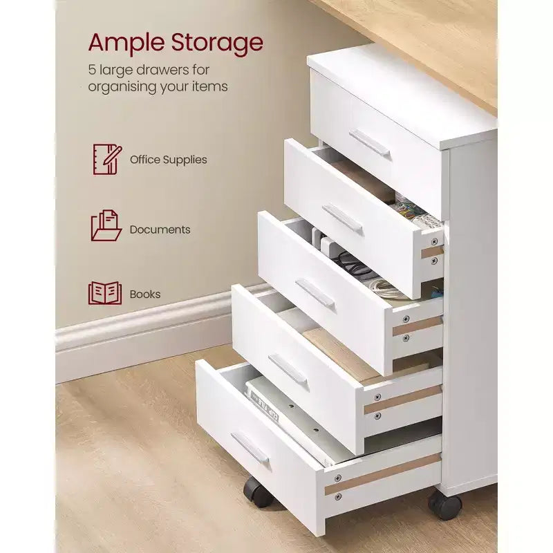Classeur, meuble de rangement mobile à roulettes, support d'imprimante avec 5 tiroirs, rails coulissants sans outil