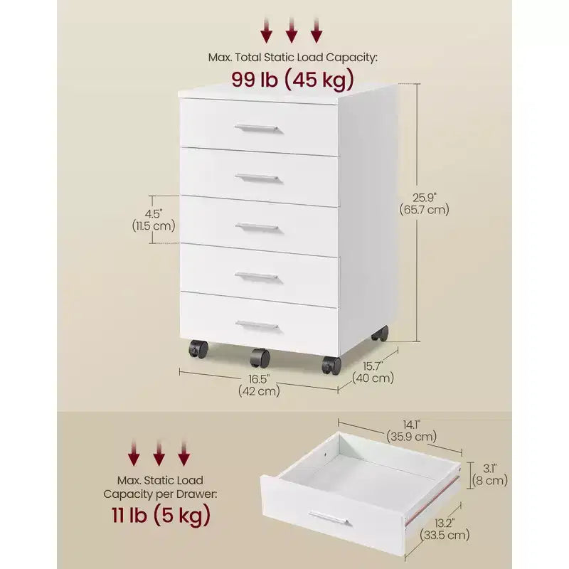 Classeur, meuble de rangement mobile à roulettes, support d'imprimante avec 5 tiroirs, rails coulissants sans outil
