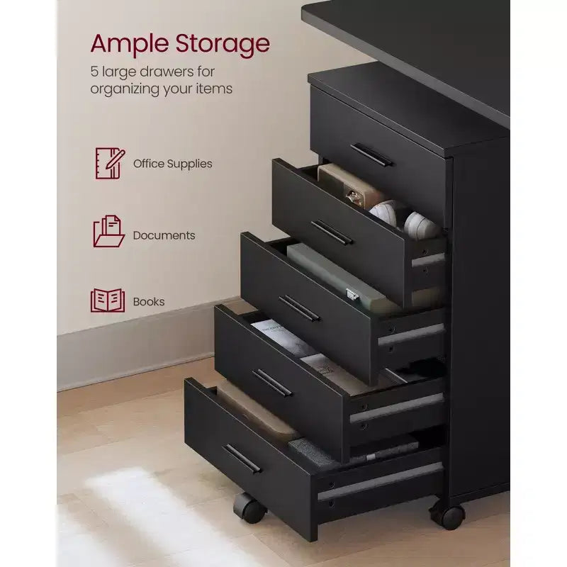 Classeur, meuble de rangement mobile à roulettes, support d'imprimante avec 5 tiroirs, rails coulissants sans outil