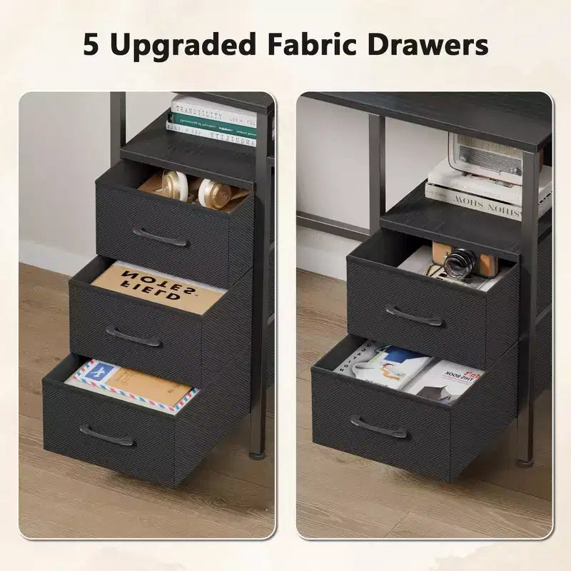 Bureau informatique noir de 61 pouces avec station de recharge, bureau de jeu avec lumières LED, réversible, 5 tiroirs en tissu, table d'écriture pour bureau à domicile, rangement pour les études