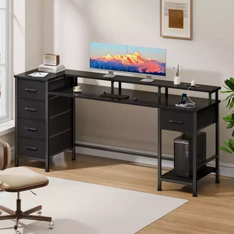 Bureau informatique noir de 61 pouces avec station de recharge, bureau de jeu avec lumières LED, réversible, 5 tiroirs en tissu, table d'écriture pour bureau à domicile, rangement pour les études