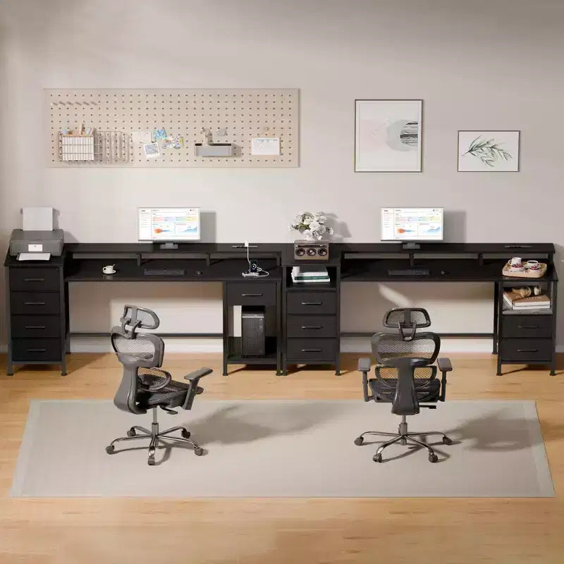 Bureau informatique noir de 61 pouces avec station de recharge, bureau de jeu avec lumières LED, réversible, 5 tiroirs en tissu, table d'écriture pour bureau à domicile, rangement pour les études