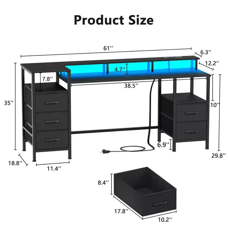 Bureau informatique noir de 61 pouces avec station de recharge, bureau de jeu avec lumières LED, réversible, 5 tiroirs en tissu, table d'écriture pour bureau à domicile, rangement pour les études