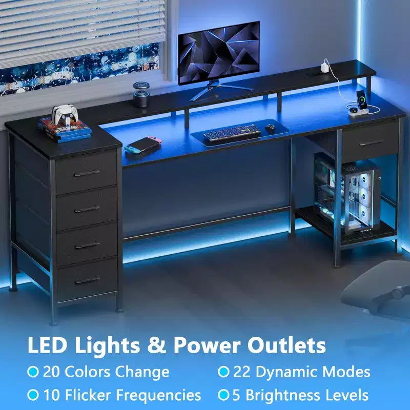 Bureau informatique noir de 61 pouces avec station de recharge, bureau de jeu avec lumières LED, réversible, 5 tiroirs en tissu, table d'écriture pour bureau à domicile, rangement pour les études